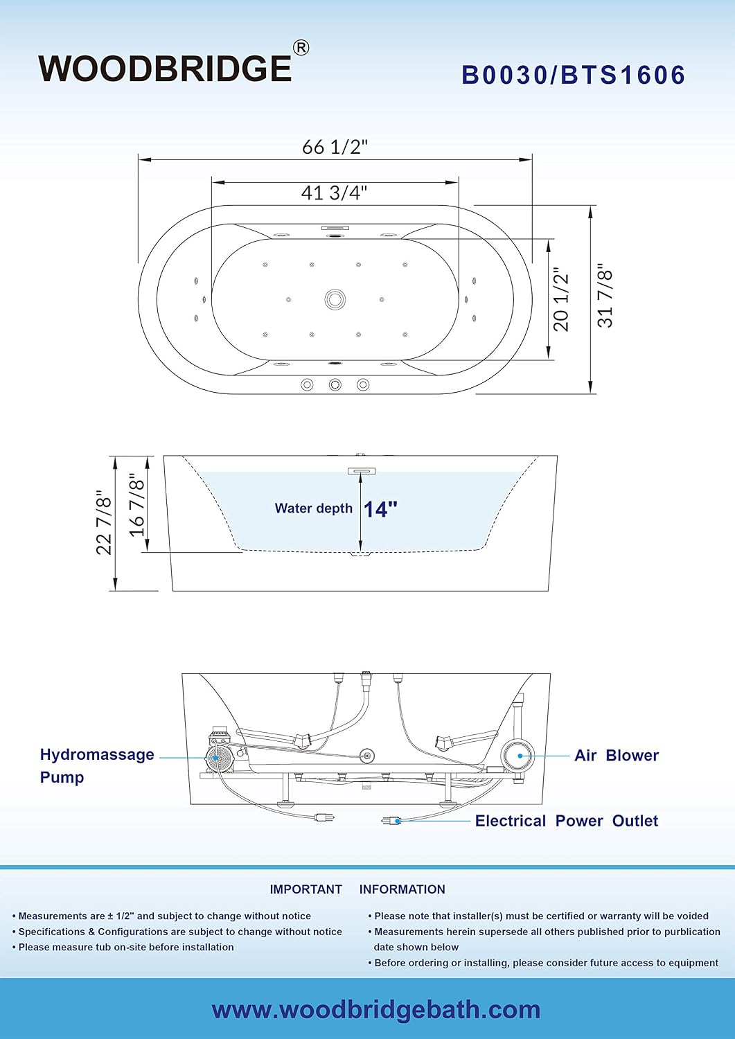 WOODBRIDGE 67' Air Bubble and Whirlpool Jetted Freestanding Bathtub B0030 / BTS1606