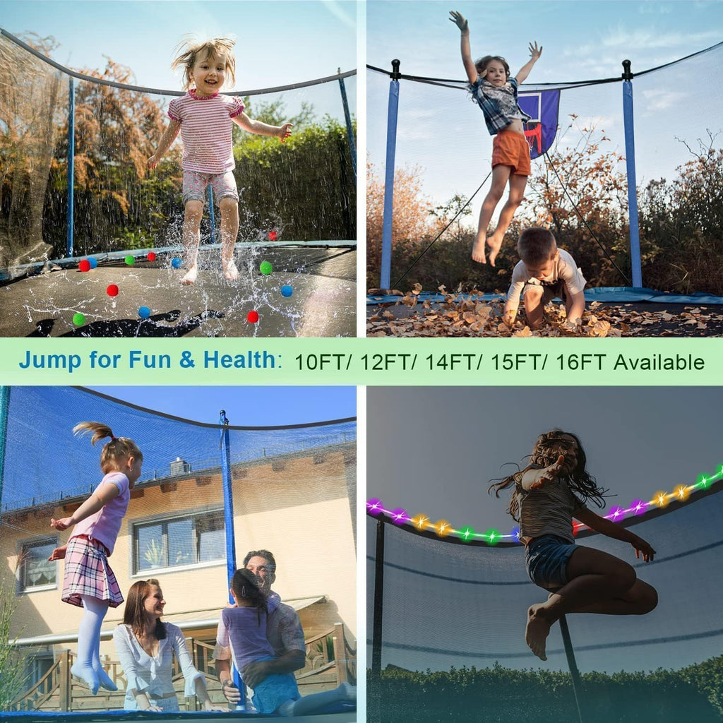 1500LBS 10FT 12FT 14FT 15FT 16FT Trampoline with LED Lights, Sprinkler, Music Speaker and Socks, ASTM Approved Outdoor Trampoline for Kids and Adults, Backyard Trampolines with Net Enclosure