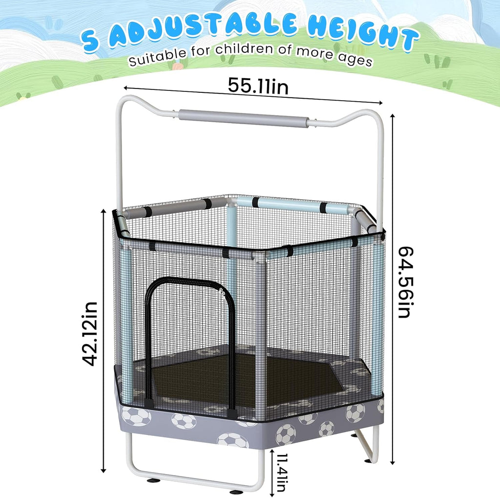 LAMERGE 55' 7-in-1 Round Trampoline for Kids Boys & Girls Ages 1-8, Indoor & Outdoor Trampoline for Fun, Adjustable Height Handrail ＆ Enclosed Safety Net ＆ Durable Designs for Toddlers Children