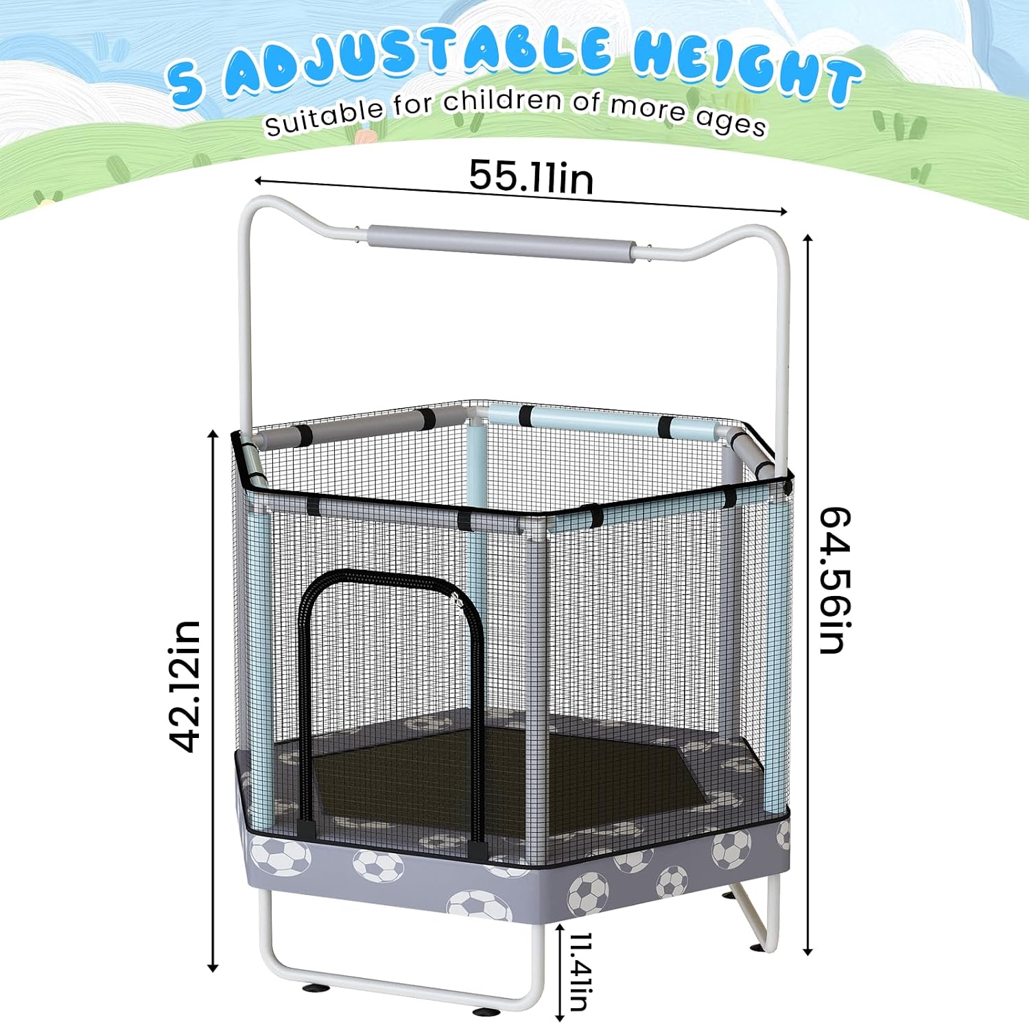 LAMERGE 55' 7-in-1 Round Trampoline for Kids Boys & Girls Ages 1-8, Indoor & Outdoor Trampoline for Fun, Adjustable Height Handrail ＆ Enclosed Safety Net ＆ Durable Designs for Toddlers Children