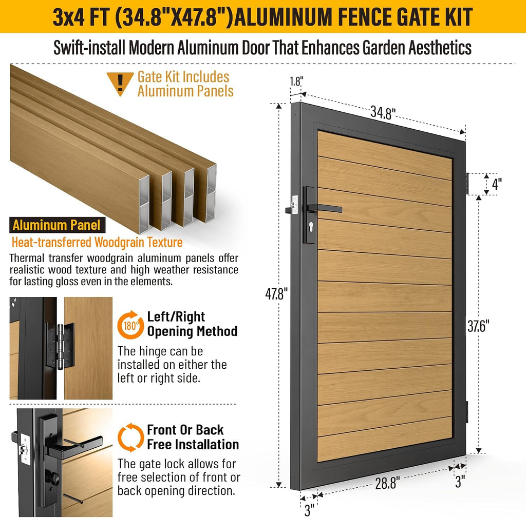 3x4 FT Aluminum Fence Gate Kit Wood Grain Aluminum Gate with Decorative Cutout, Lock & Hinges, Left/Right Opening, Weather Resistant for Yard Garden Patio