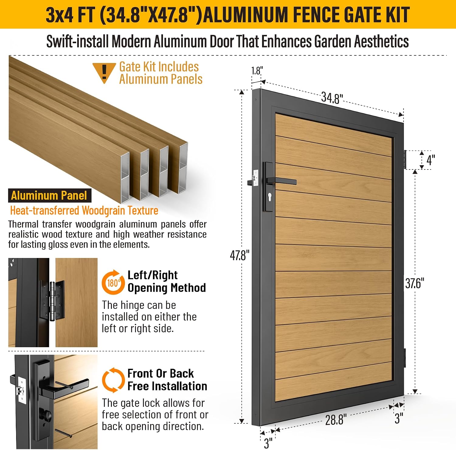 3x4 FT Aluminum Fence Gate Kit Wood Grain Aluminum Gate with Decorative Cutout, Lock & Hinges, Left/Right Opening, Weather Resistant for Yard Garden Patio