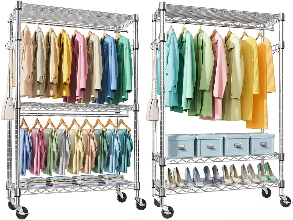 M MZG 2 PCS Heavy Duty Rolling Garment Rack 3 Tiers Adjustable Wire Shelving Clothes Rack with Rod and Side Hooks, Storage Closet Clothing Rack with Wheels Chrome 17.7' D x 47.2' W x 83.6' H