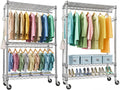 M MZG 2 PCS Heavy Duty Rolling Garment Rack 3 Tiers Adjustable Wire Shelving Clothes Rack with Rod and Side Hooks, Storage Closet Clothing Rack with Wheels Chrome 17.7' D x 47.2' W x 83.6' H