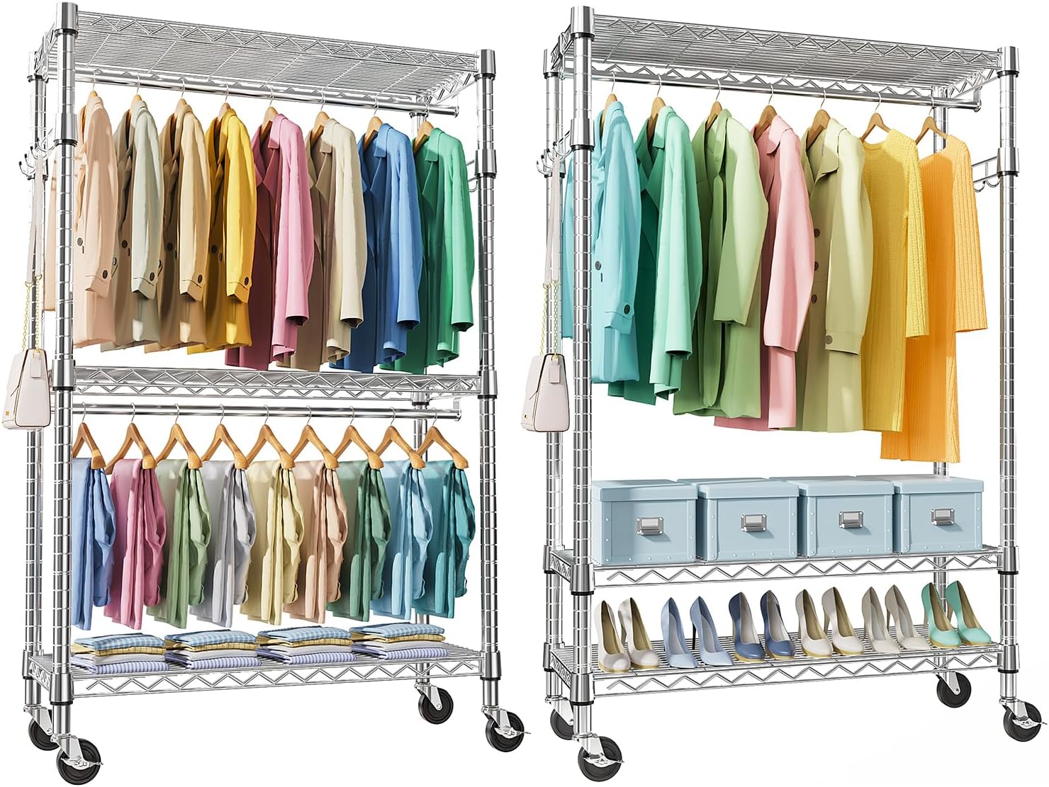 M MZG 2 PCS Heavy Duty Rolling Garment Rack 3 Tiers Adjustable Wire Shelving Clothes Rack with Rod and Side Hooks, Storage Closet Clothing Rack with Wheels Chrome 17.7' D x 47.2' W x 83.6' H