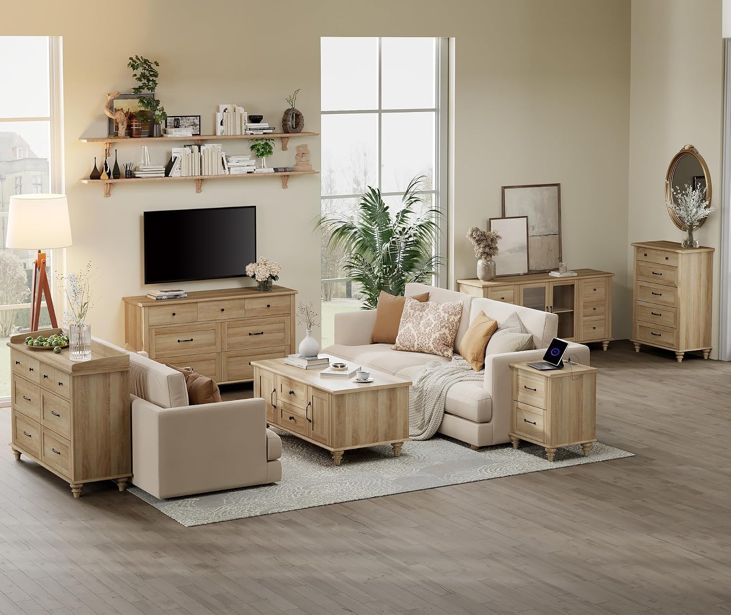 WAMPAT 3 Pieces Living Room Table Set, Set of 2 Nightstands Side Tables with Charging Station, One Rectangle Coffee Table with Storage Cabinet & Drawer, Oak