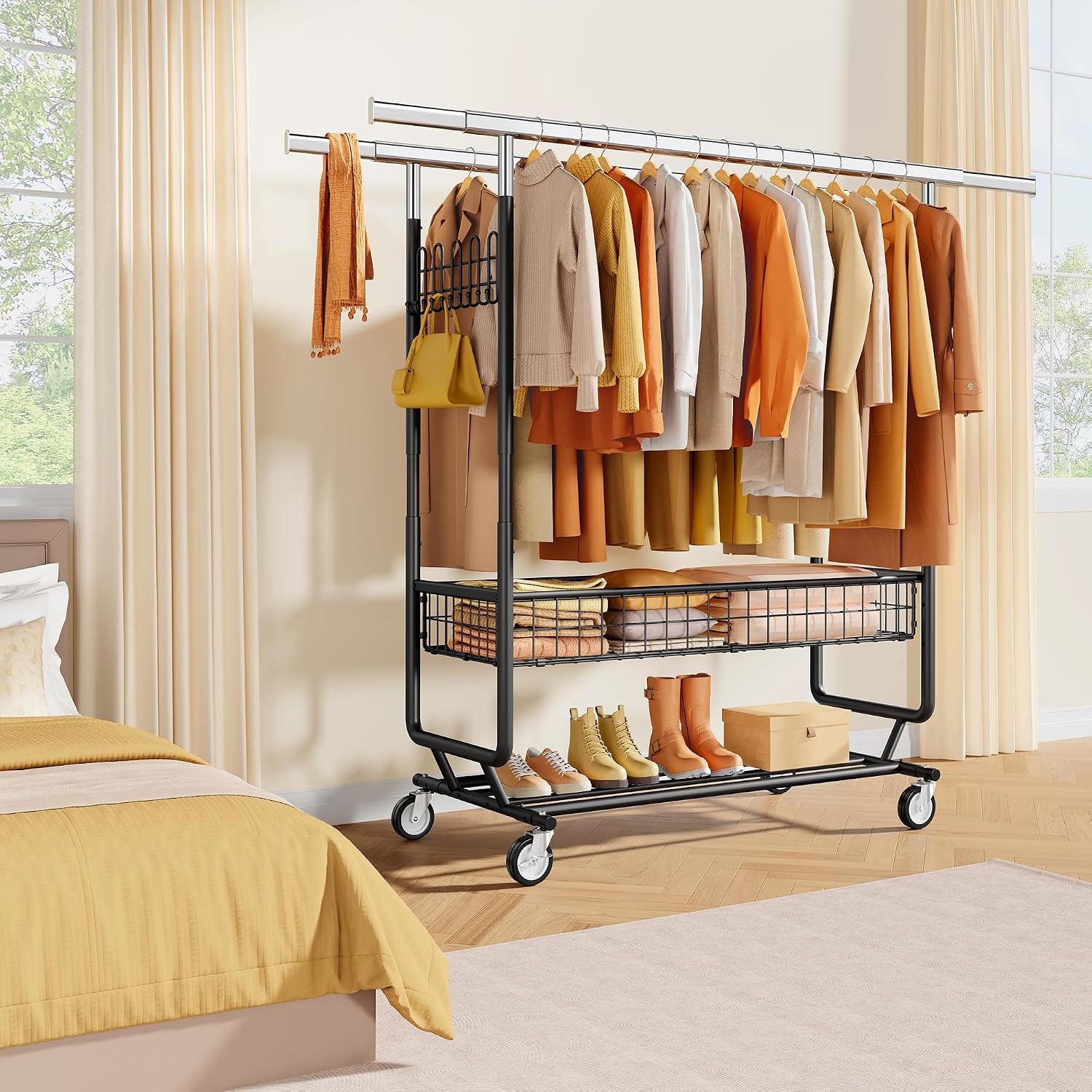Gewudraw Heavy Duty Clothes Rack with Metal Basket, 1060 LBS Rolling Double Rod Garment Rack, Portable Extendable Clothing Rack with Wheel for Bedroom, Laundry Room & Retail Store