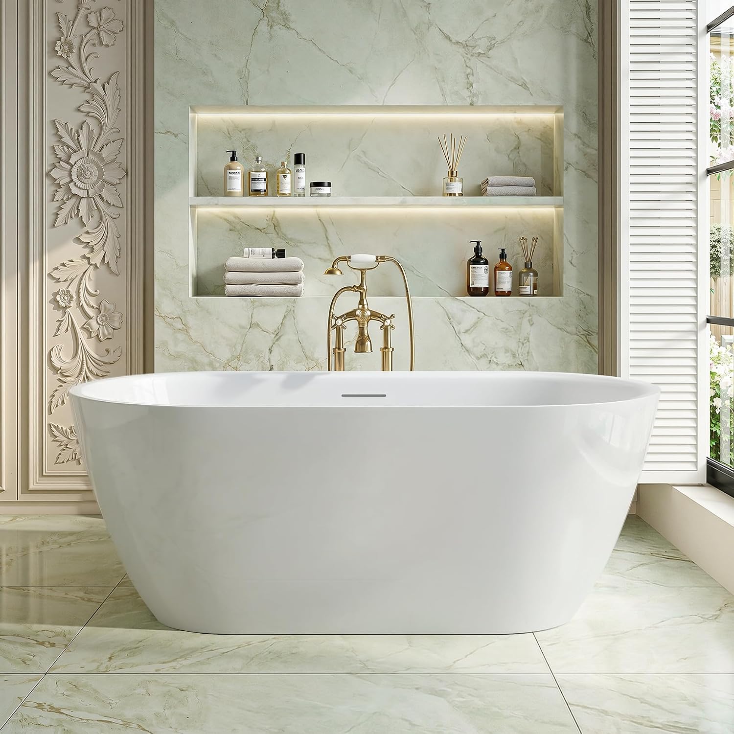 59' Freestanding Bathtub, Modern Oval Acrylic Soaking Tub with Overflow & Shower Function, Deep Standalone Tub with cUPC Certification, Double-Walled Insulation, White (59Inch)
