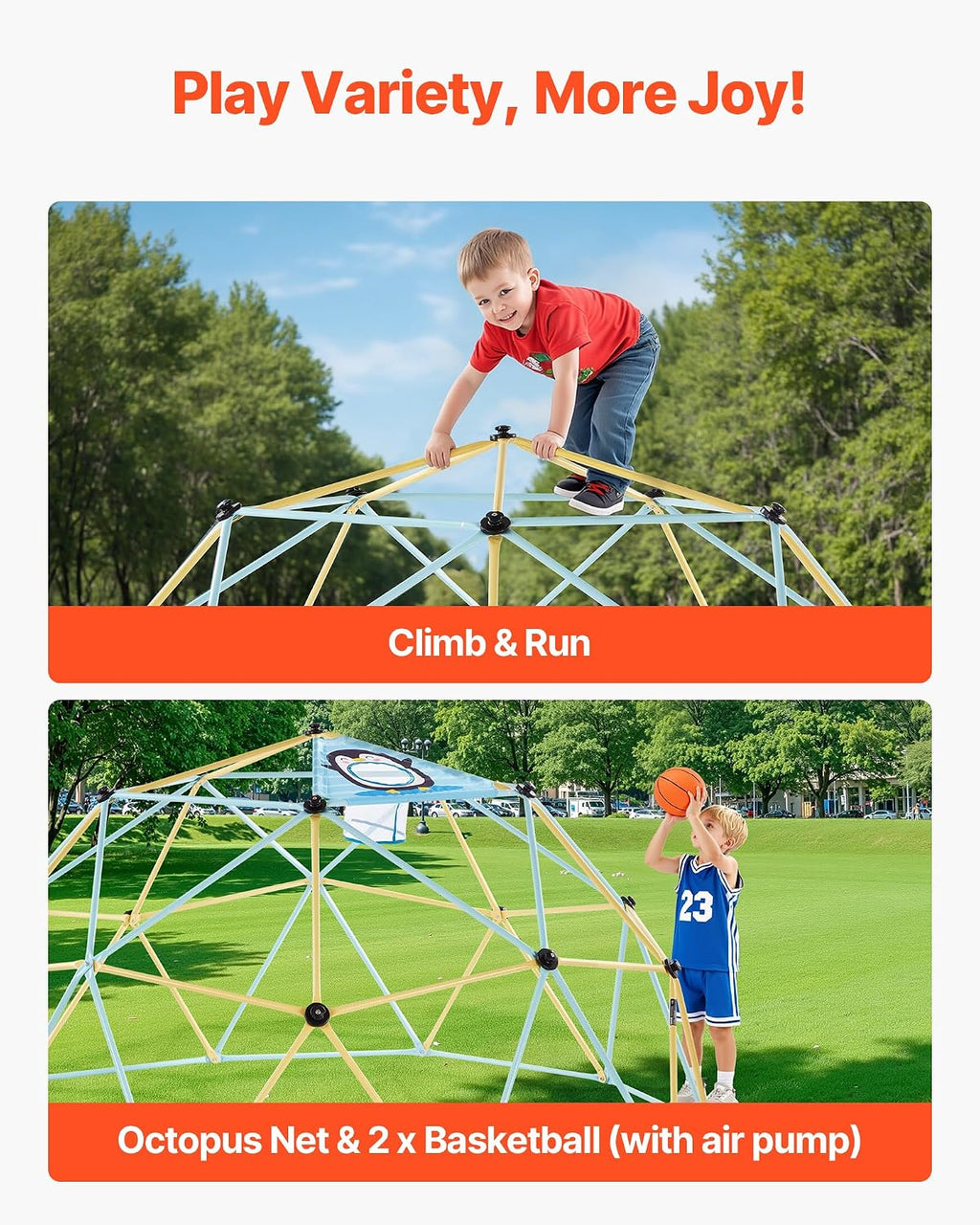 VEVOR Climbing Dome, 10FT Geometric Dome Climber, 1000LBS Loading Jungle Gym Playground with 2 Basketballs & Octopus Net, Easy-Assembly Outdoor Backyard Climbing Equipment for Kids 3 to 10 Years Old