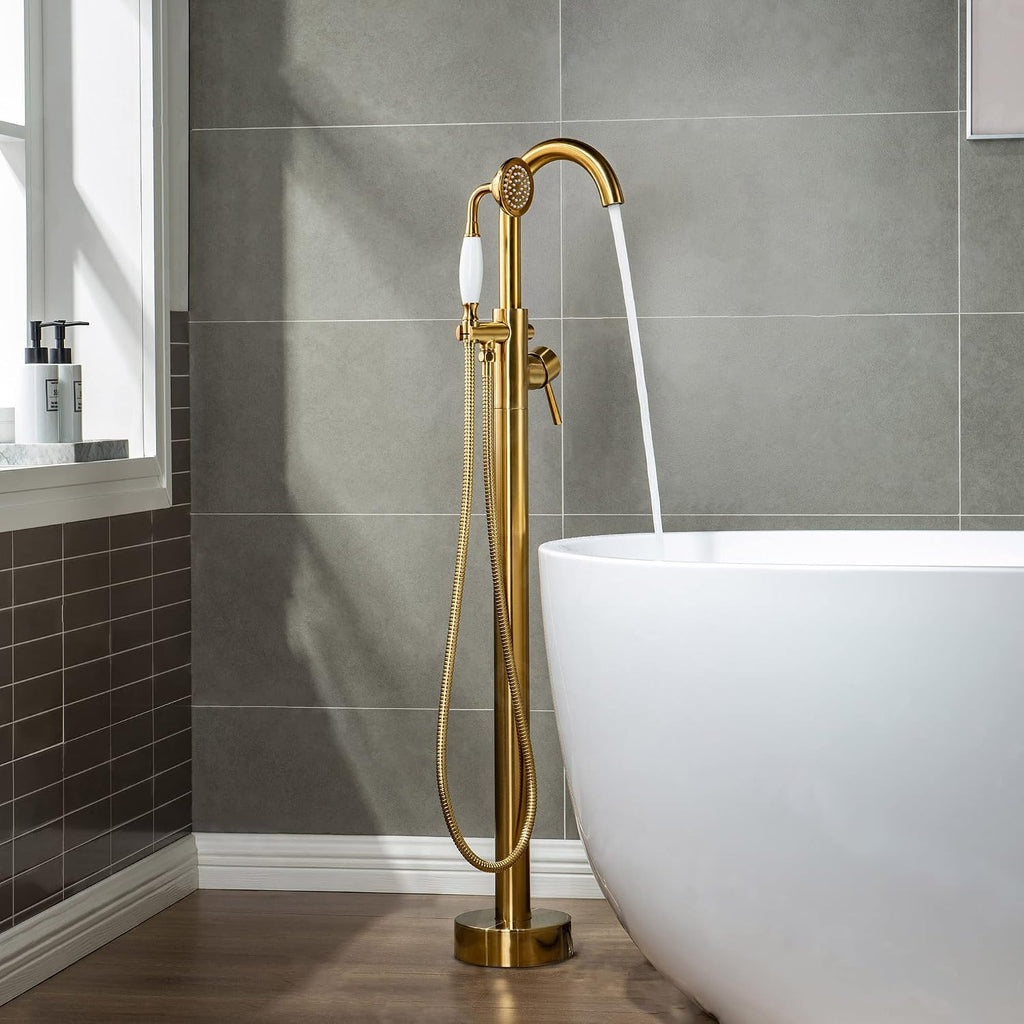 WOODBRIDGE Contemporary Single Handle Floor Mount Freestanding Tub Filler Faucet with Hand Shower in (Brushed Gold) Finish,F0007-BGVT