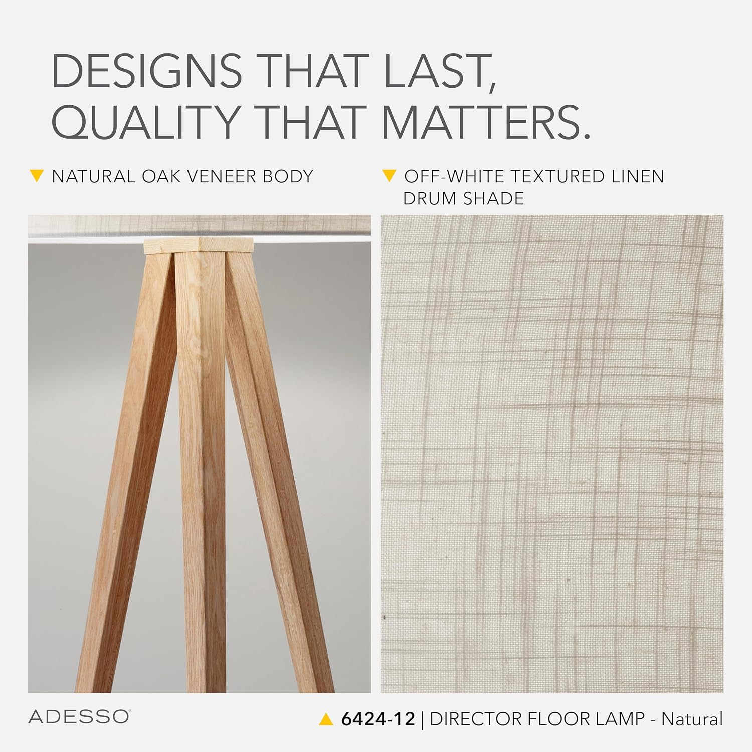 Adesso Floor Lamp with Natural Oak Veneer and Off-White Fabric Lampshade – 3-Way Adjustable Brightness, Lamp for Bedroom, Living Room, and House Décor, 60.25' x 21'