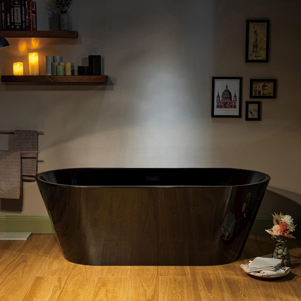 WOODBRIDGE 67' L x 31-1/2' W Freestanding Contemporary Acrylic Soaking Bathtub in Glossy Black Inside and Outside with Matte Black Drain & Overflow, Black, B8813-MB