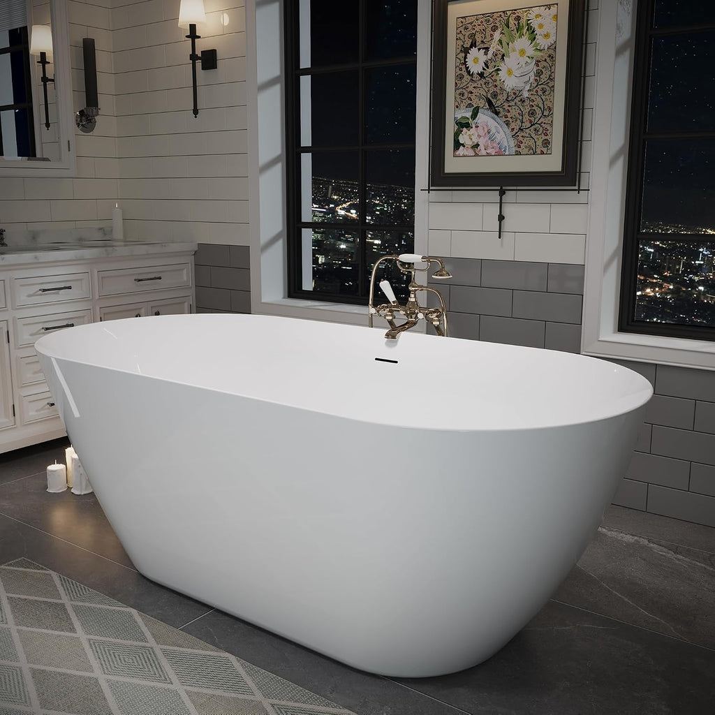 Abruzzo 60' Glossy White Acrylic Freestanding Bathtub | 60-inch cUPC certified oval deep soaking tub. Features pre-installed center drain and built-in adjustable feet