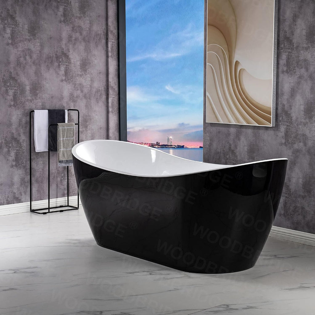 WOODBRIDGE 71' Acrylic Freestanding Bathtub Contemporary Soaking Black Tub with Brushed Nickel Overflow and Drain,Black,B1817-BN