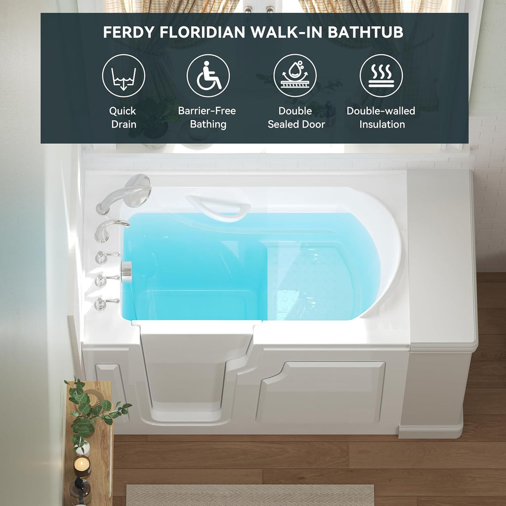 FerdY Floridian 52' x 30' Walk-in Bathtub with Left-Side Door Opening and Quick Fill and Drain System, Rectangular Soaking Bathtub in White
