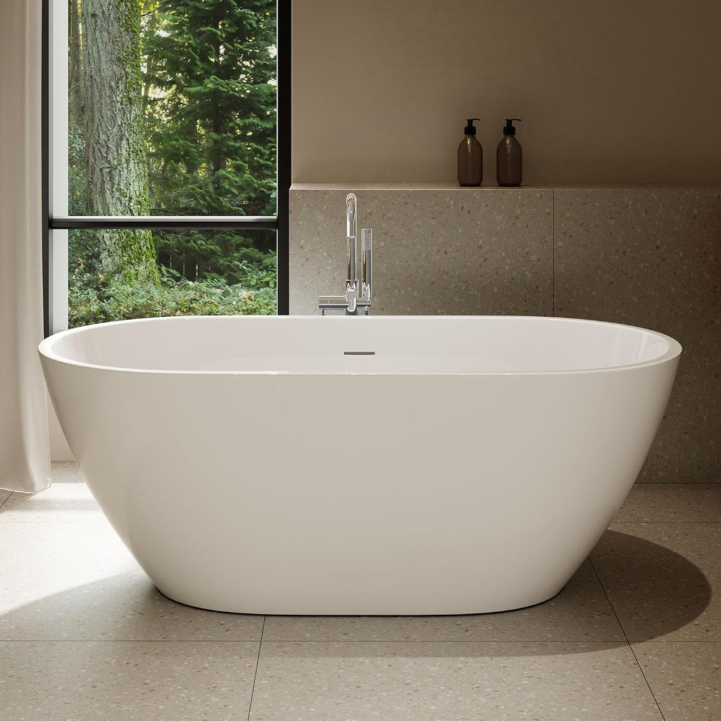 OVE Decors Ayago 59 in. Solid Surface Freestanding White Acrylic Soaking Bathtub, with Overflow and Chrome Pop-up Drain