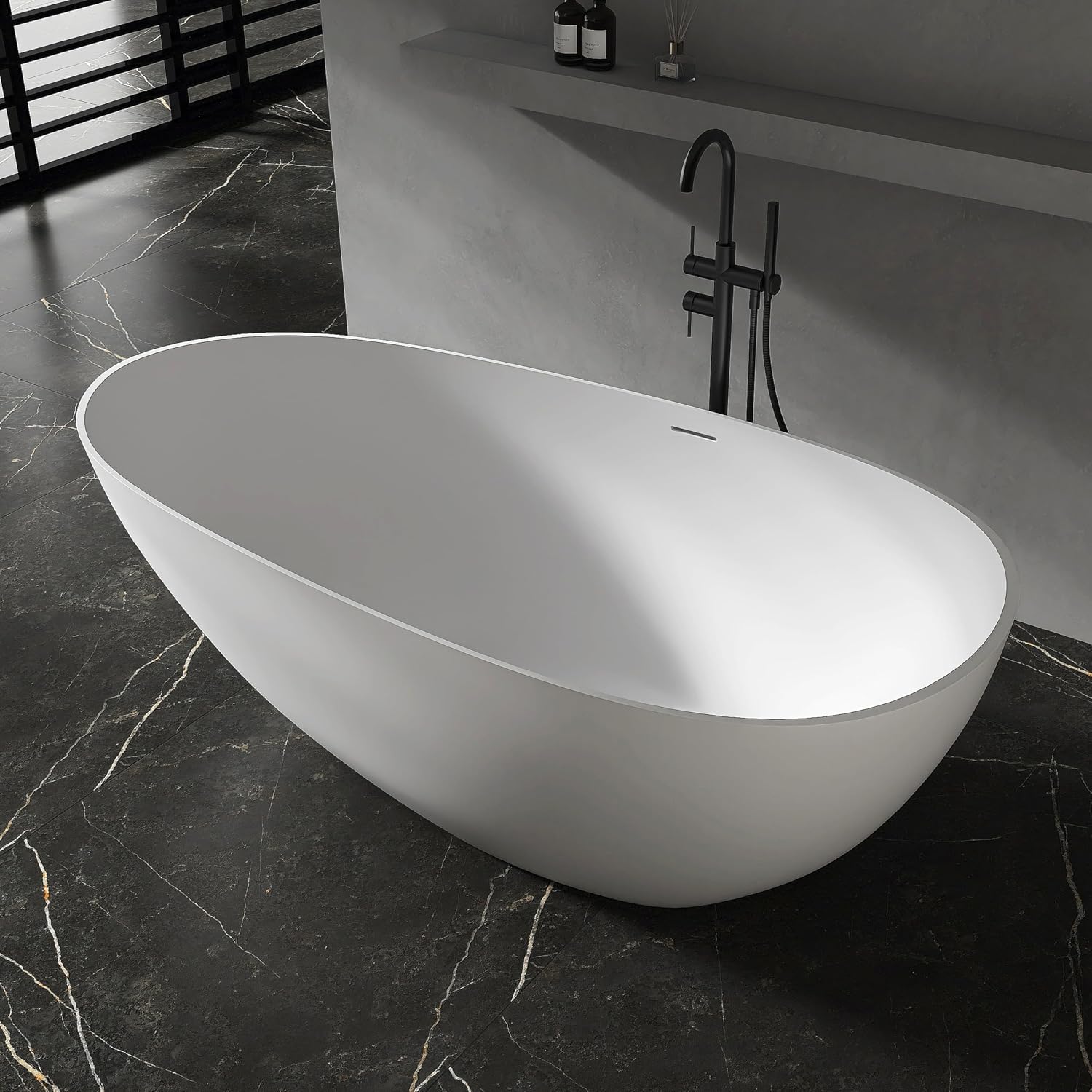67' Stone Resin Freestanding Tub, Oval Solid Surface Bathroom Freestanding Bathtub, Thin Edge Stand Alone Tub with Integrated Slotted Overflow and Pop-up Drain, White 302-1700
