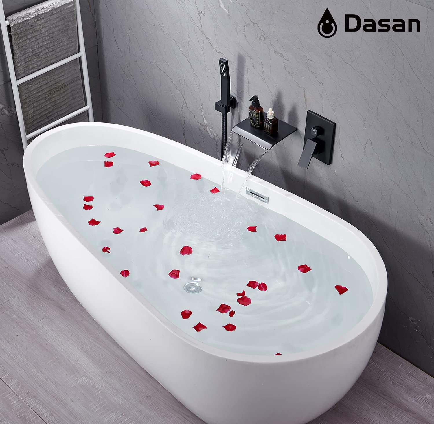 Upgraded Wall Mount Tub Filler Faucet with Handheld Shower, DASAN Modern Wall Mounted Bathtub Faucet Matte Black High Flow Waterfall Tub Faucet with Rough in Valve, SA-TF04WH-MB