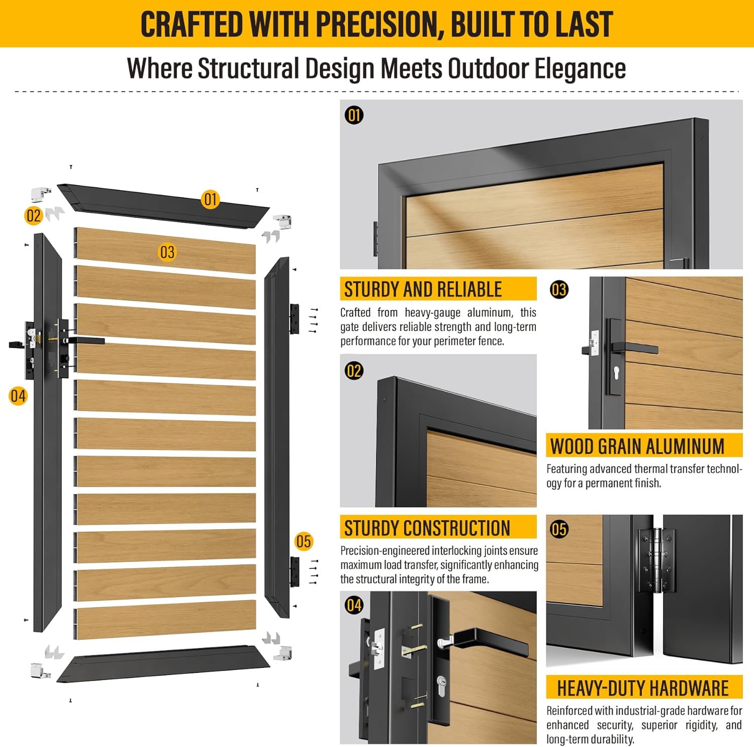 3x4 FT Aluminum Fence Gate Kit Wood Grain Aluminum Gate with Decorative Cutout, Lock & Hinges, Left/Right Opening, Weather Resistant for Yard Garden Patio
