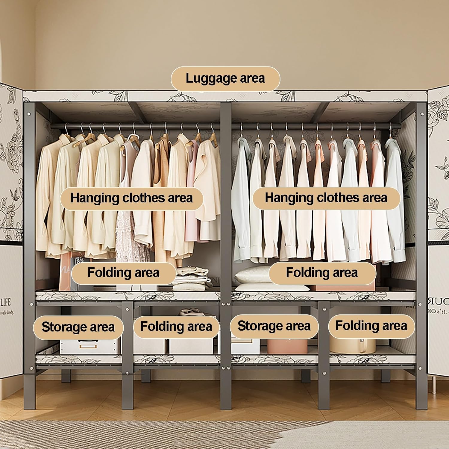 Portable Wardrobe Closet With Cover, Foldable Clothe Rack, Garment Rack For Hanging Clothes, Metal Clothes Storage Closet Organizer, Rack Shelf, For Bedroom(White,131cm/51.6inch)
