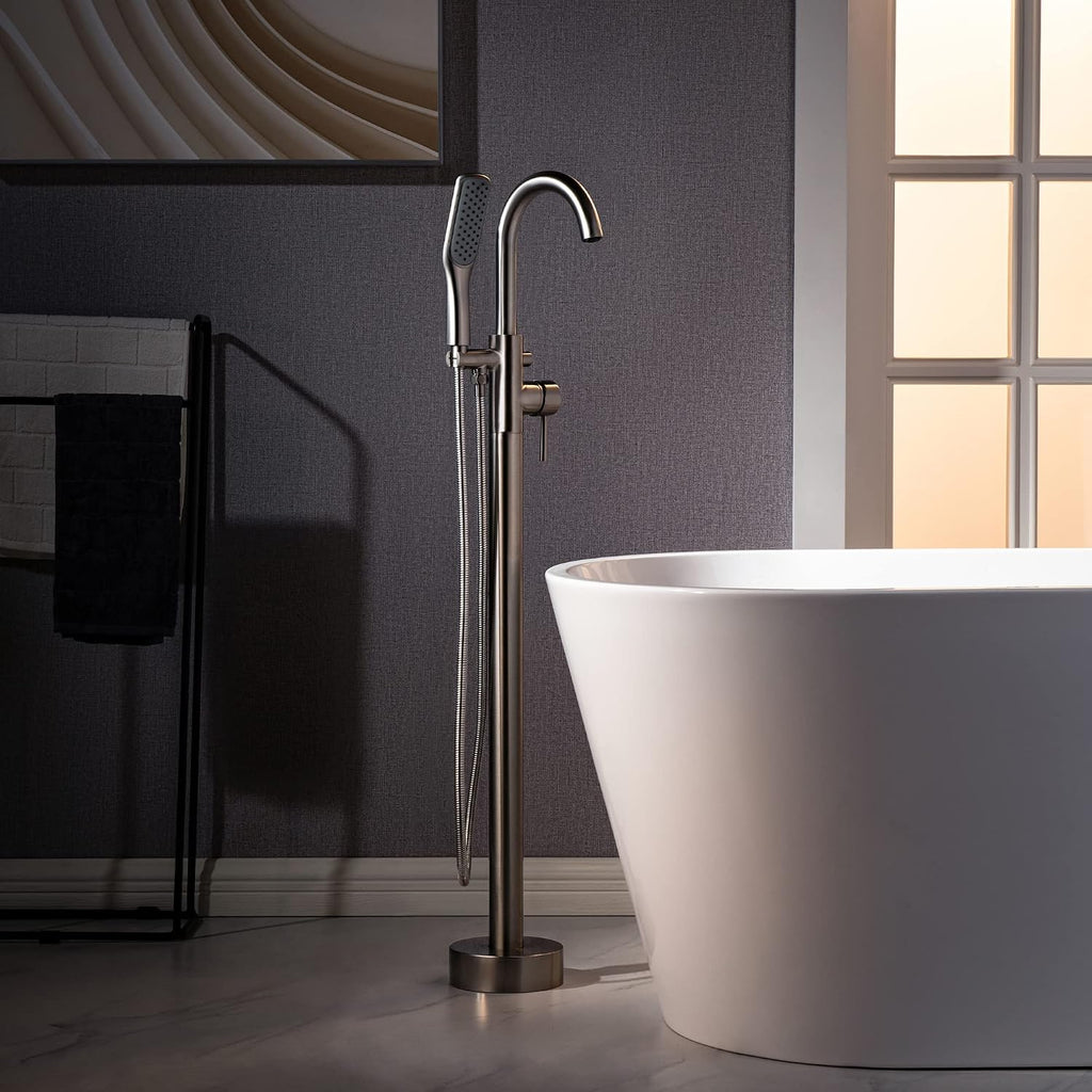 WOODBRIDGE High Flow Rate 8 GPM Freestanding Tub Filler Faucet with Hand Shower, Brushed Nickel,F0023BNSQ