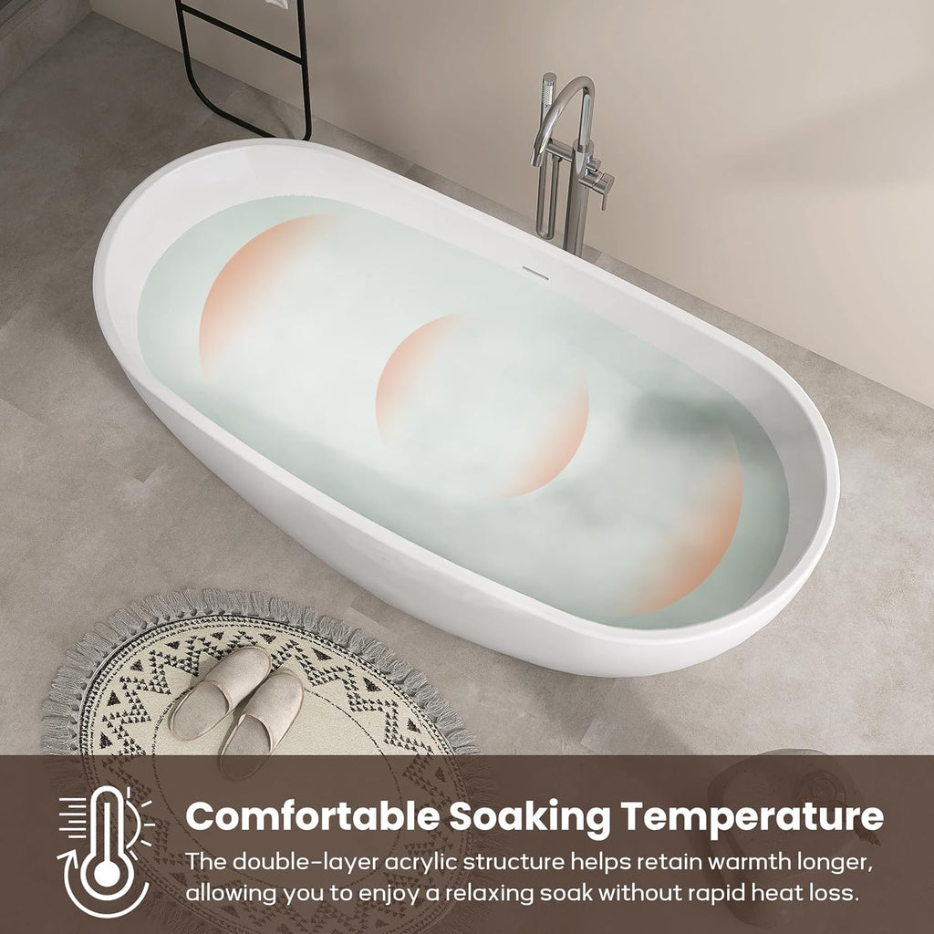 SJ STAR&JANE 65' Freestanding Bathtub, Acrylic Soaking Bathtub, Modern Acrylic Stand Alone Tub in white Intergrated Drain and Overflow,cUPC Certified
