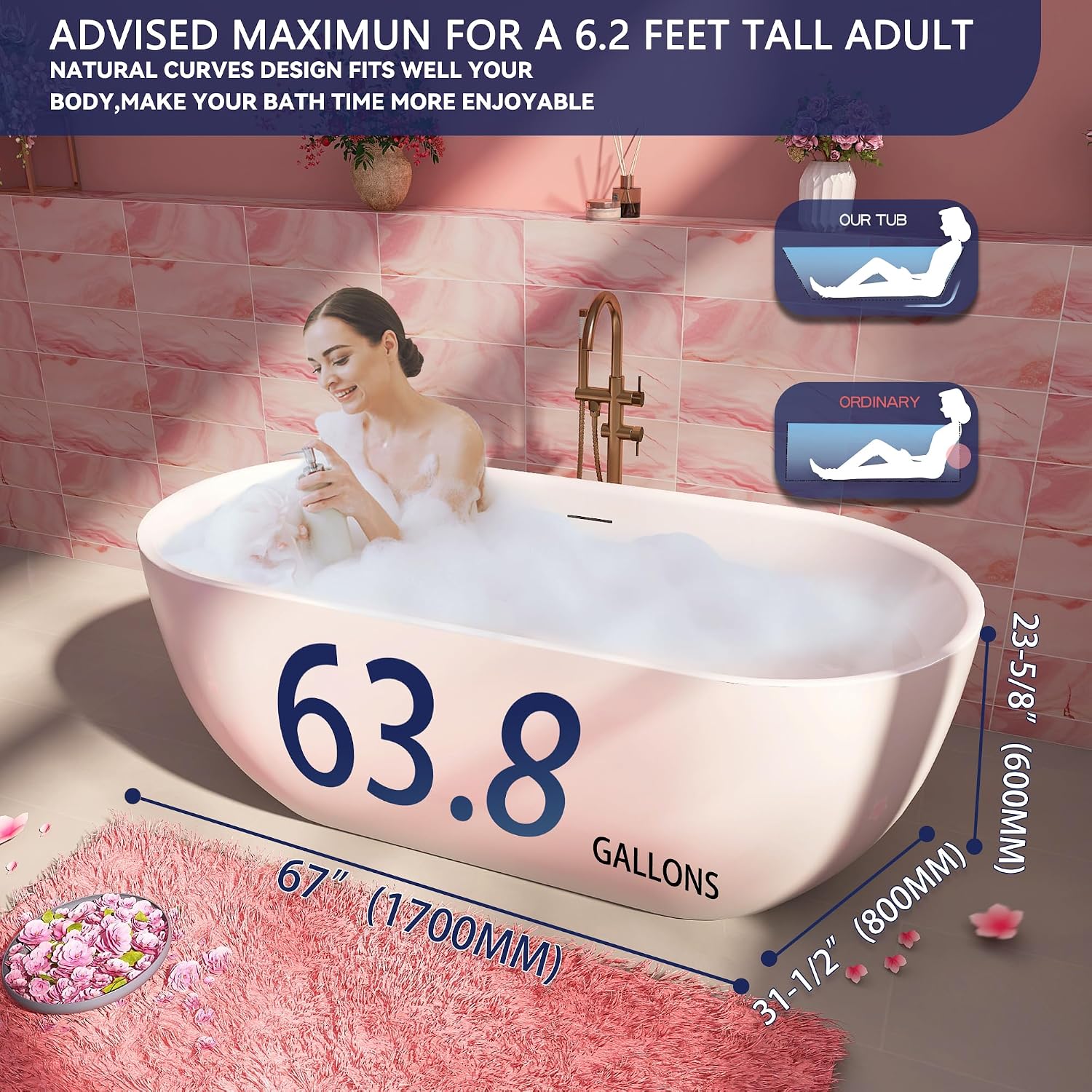67' Acrylic Free Standing Tub, Stand Alone Tub, Freestanding Bathtub, Soaking Bathtub, cUPC Certified, SE(Glossy White)