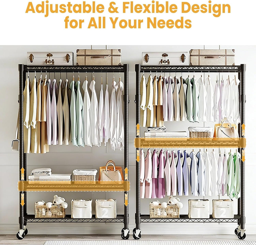 3-Tier Rolling Garment Rack, Heavy Duty Clothing Organizer with Adjustable Shelves & Dual Hanging Rods, Freestanding Metal Rack with Locking Casters for Bedroom, Closet, Dorm, Laundry Room - Black
