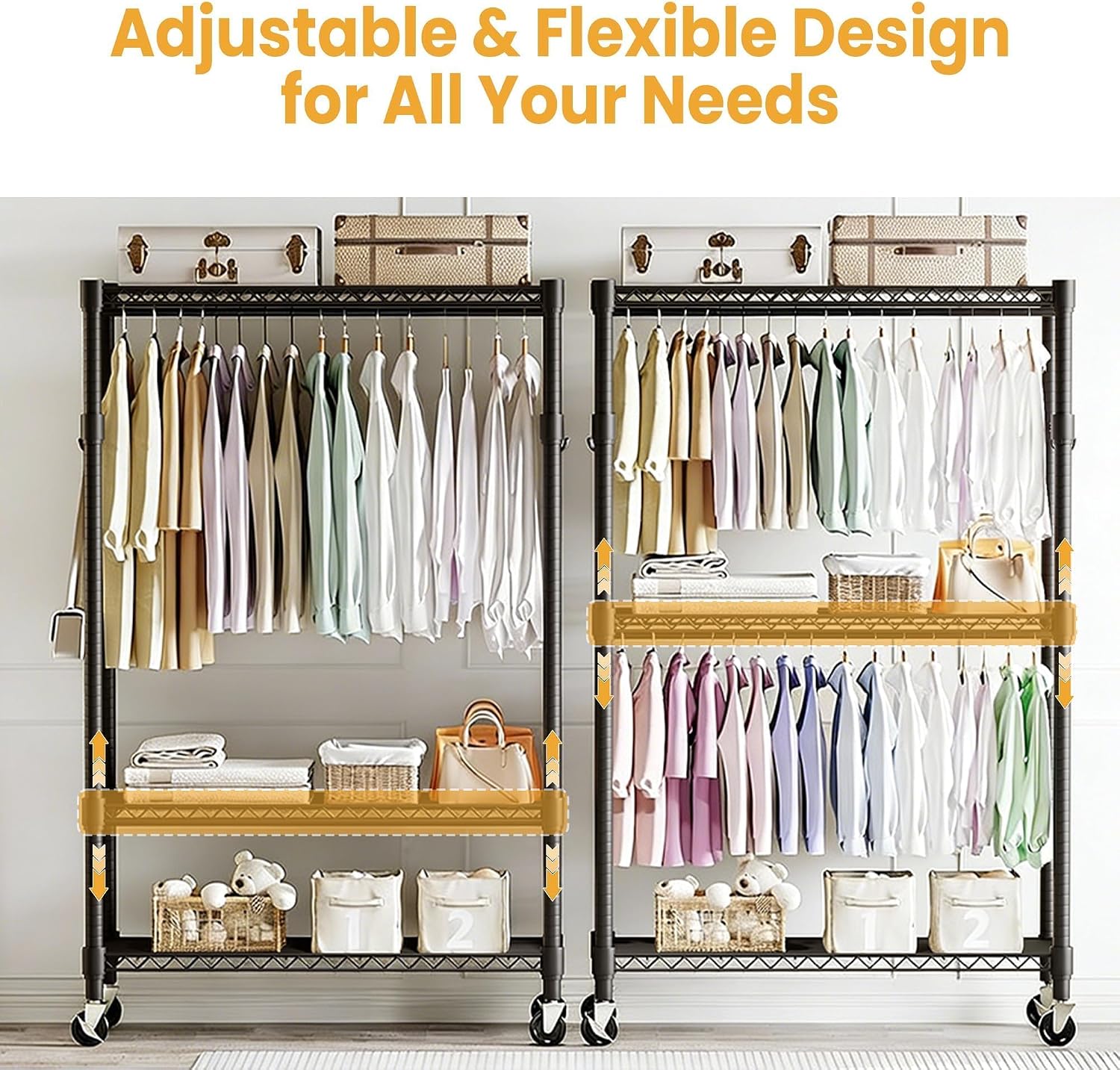 3-Tier Rolling Garment Rack, Heavy Duty Clothing Organizer with Adjustable Shelves & Dual Hanging Rods, Freestanding Metal Rack with Locking Casters for Bedroom, Closet, Dorm, Laundry Room - Black