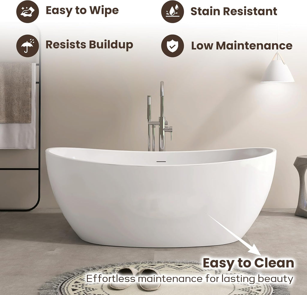 SJ STAR&JANE 60' Freestanding Bathtub, Acrylic Soaking Bathtub, Modern Acrylic Stand Alone Tub in white Intergrated Drain and Overflow,cUPC Certified