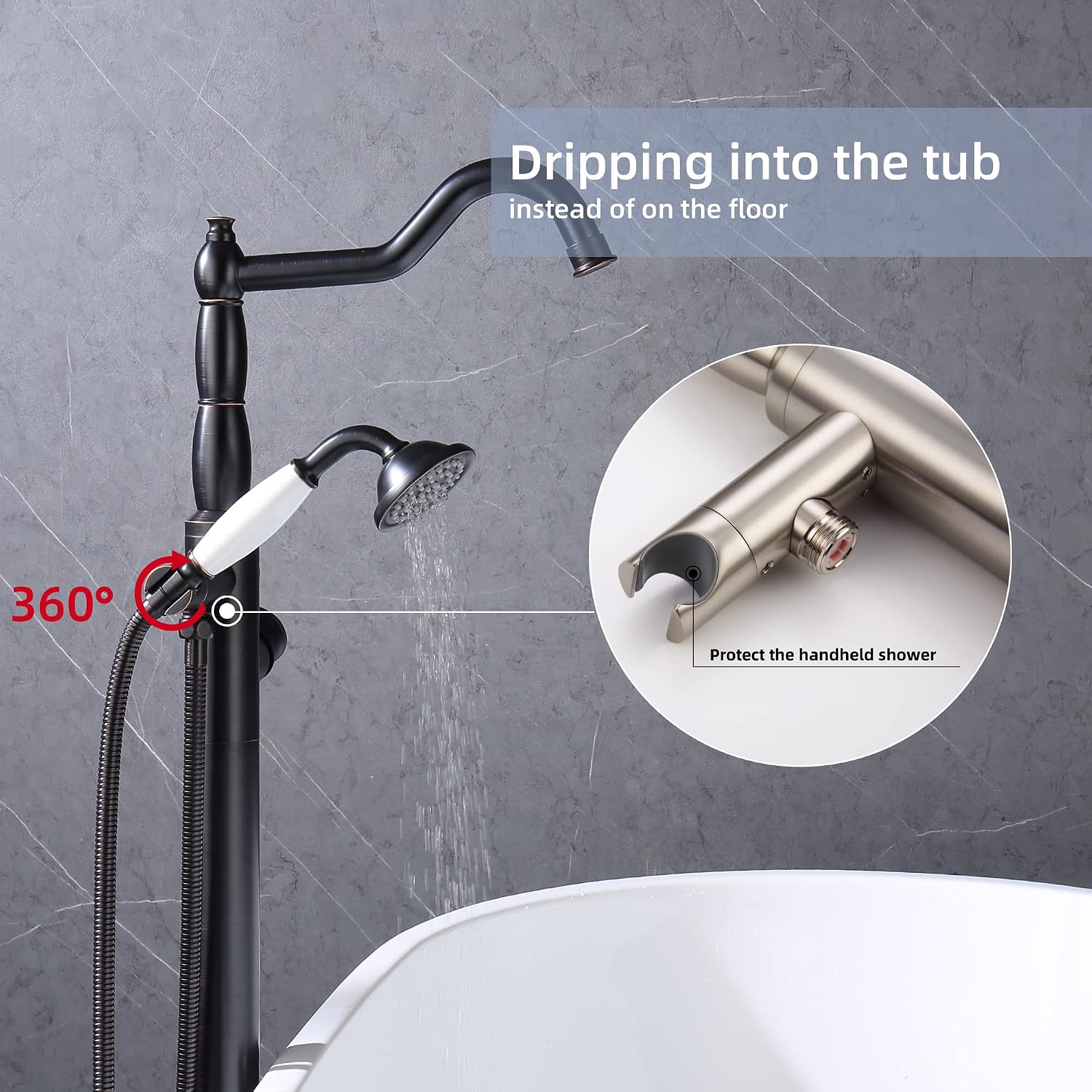 Free Standing Tub Faucet Oil-Rubbed Bronze, Freestanding Bathtub Faucet Tub Filler Classic Brass Stand Alone Clawfoot Tub faucet Soaking Tub Fillers Floor Mount with Rotate Handheld Shower