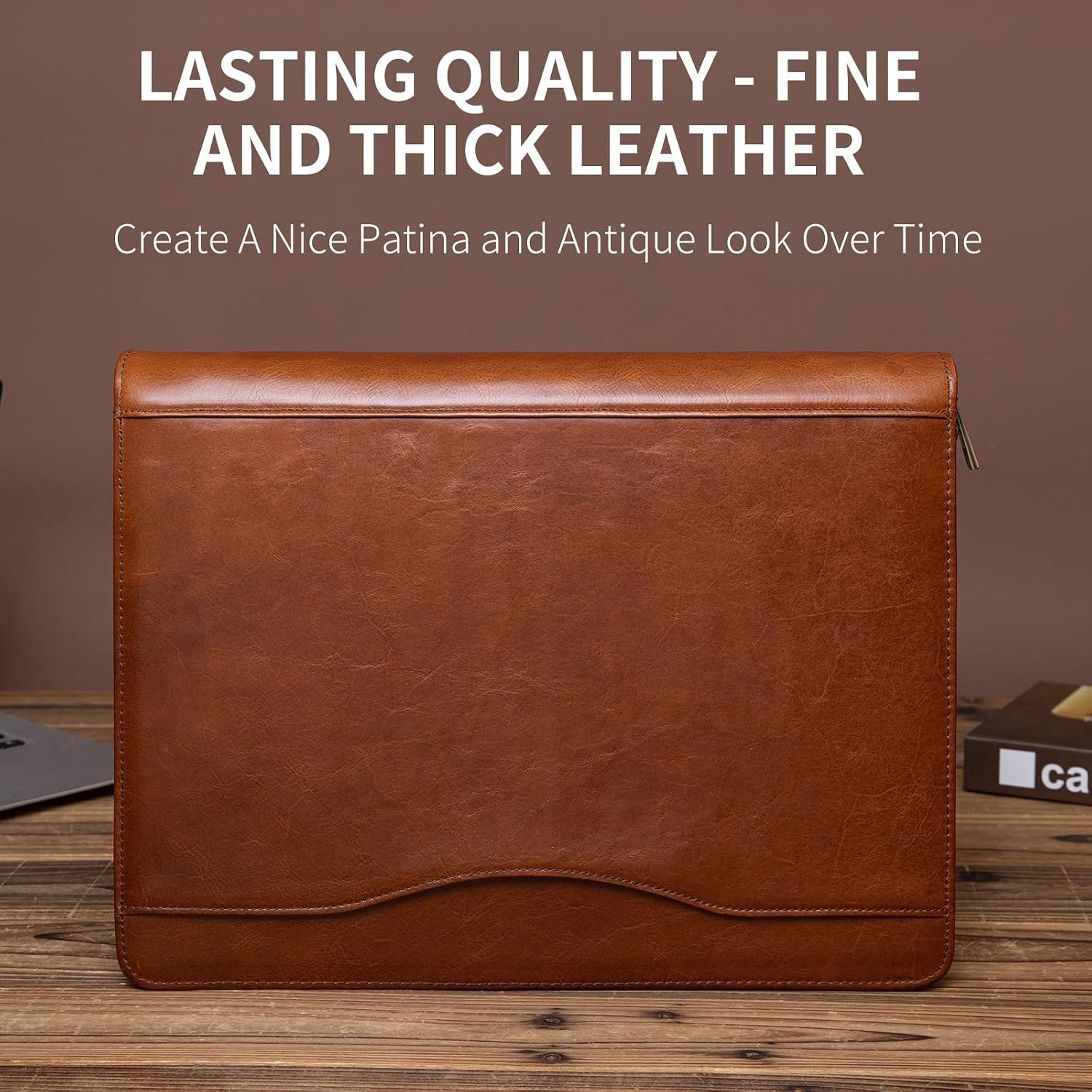 YIWEN Personalized Leather 3 Ring Binder Portfolio with Front Pocket, Zippered Padfolio for 8.5 x 11' Notepad and 13' Tablet, Professional Business Travel Organizer (Brown, Oil Wax Leather)