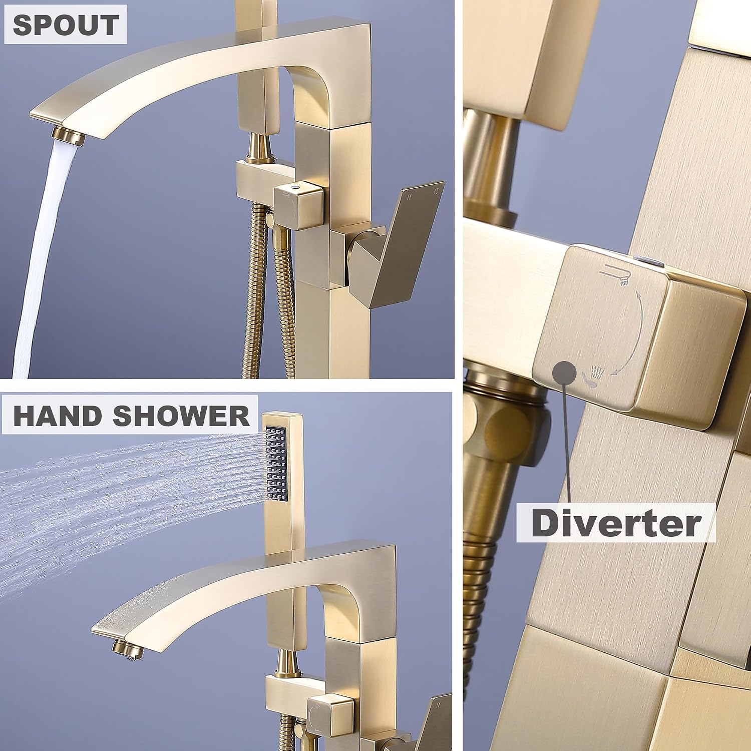 Floor Mount Bathtub Faucet, Freestanding Tub Faucet Brushed Gold, Stainless Steel Free Standing Tub Filler with Handheld Shower.
