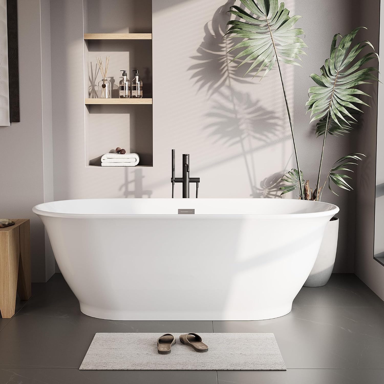 All-White Ergonomic Freestanding Acrylic Bathtub, 67 Inch Deep Soaking Tub, Double-Walled Insulation, Chrome Drain & Overflow, cUPC Certified, Easy Installation, Freestanding Bathtub