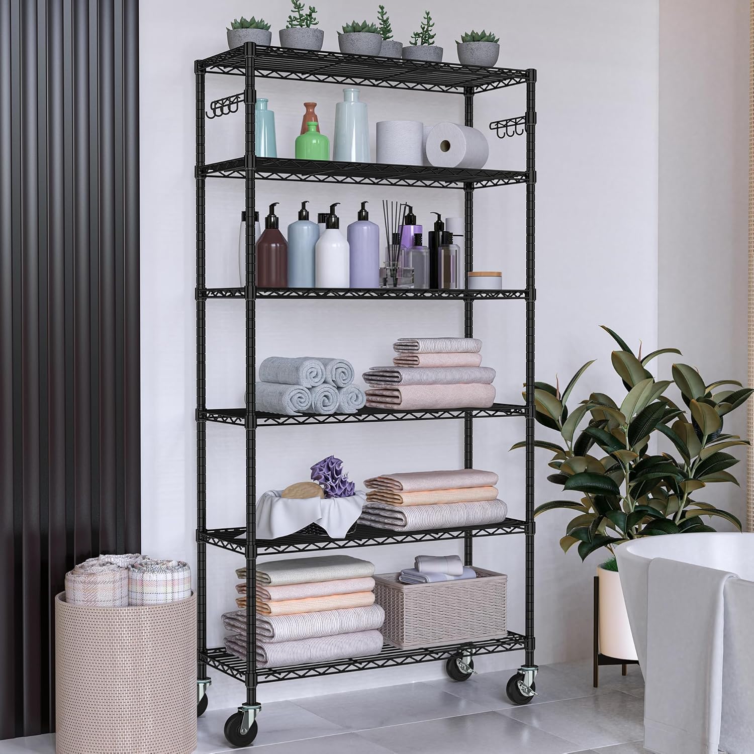 Heavy Duty Wire Metal Shelving with Wheels 6 Tier Garage Storage Utility Rolling Shelves Rack Unit Industrial Adjustable Sturdy Shelving for Kitchen Garage Pantry Bathroom Laundry