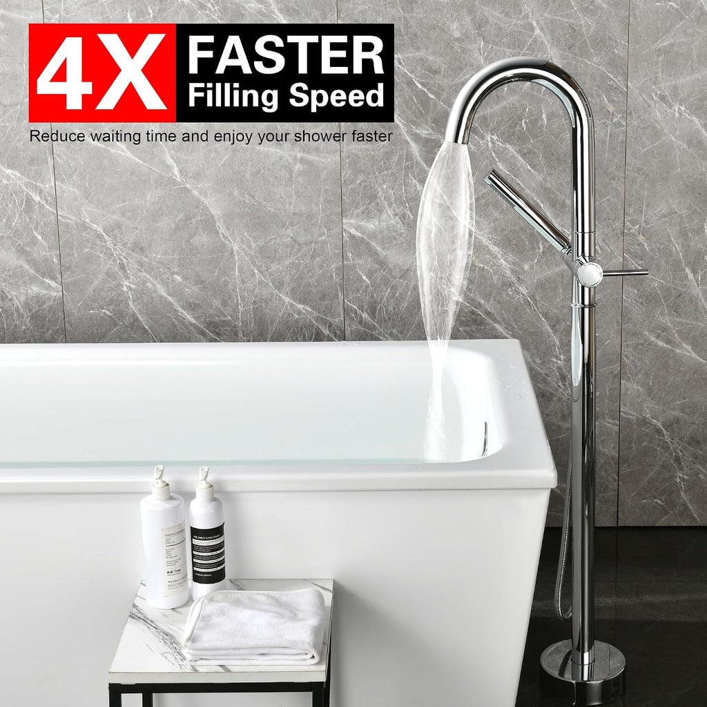 sumerain Freestanding Tub Filler Faucet, Modern Bathroom Floor Mounted Bathtub Faucet with Handheld Shower High Flow, Chrome