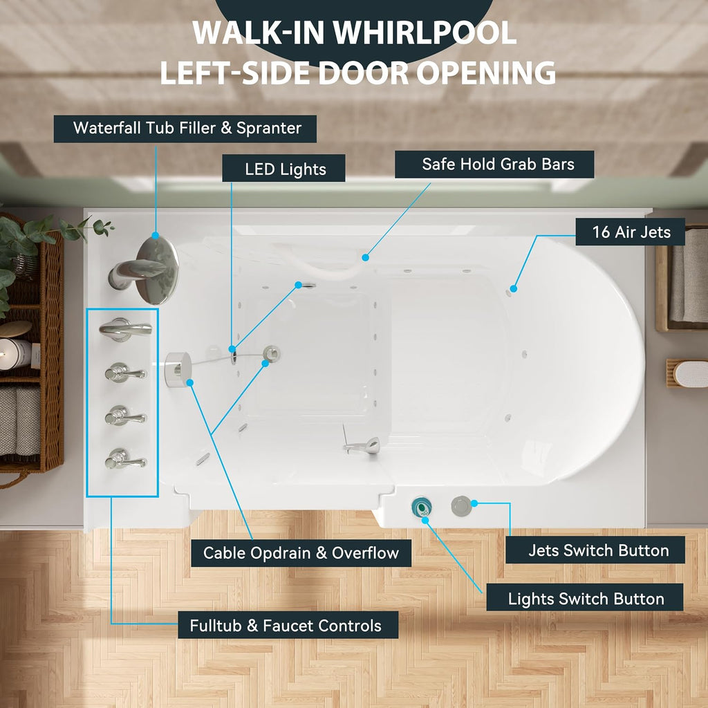 FerdY Floridian 55' x 33' Walk-in Whirlpool Bathtub with 16 Air Water SPA Jets and Left-Side Door Opening and Quick Fill and Drain System, Rectangular Soaking Jetted Bath Tub in White with LED Lights