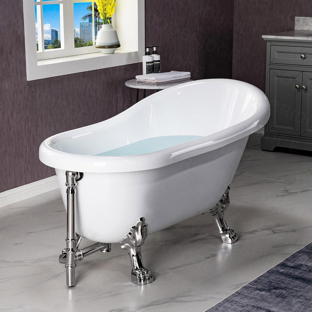 WOODBRIDGE 54' Heavy Duty Acrylic Slipper Clawfoot Bath Tub with Brushed Nickel Feet + Brushed Nickel Drain &Overflow