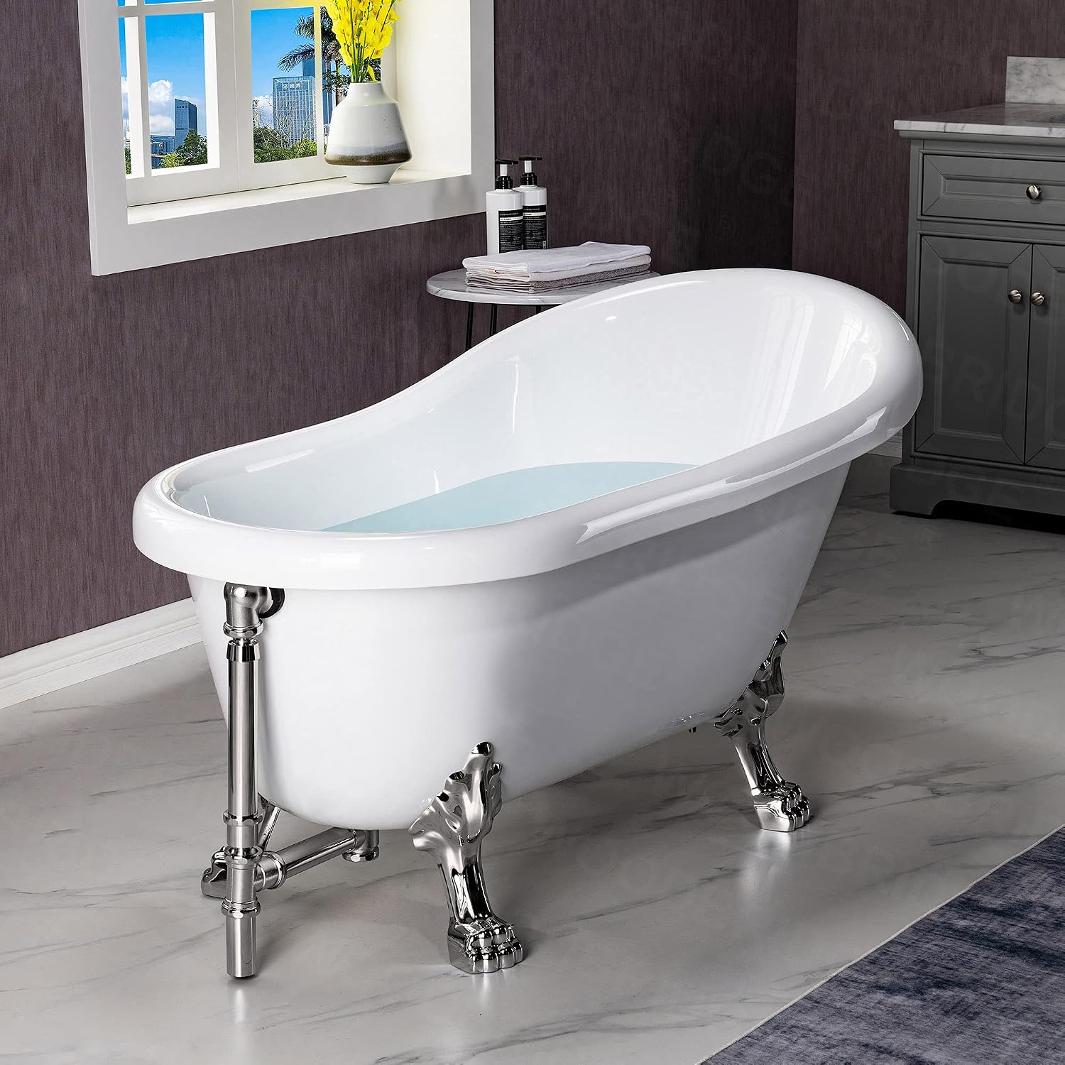 WOODBRIDGE 54' Heavy Duty Acrylic Slipper Clawfoot Bath Tub with Brushed Nickel Feet + Brushed Nickel Drain &Overflow