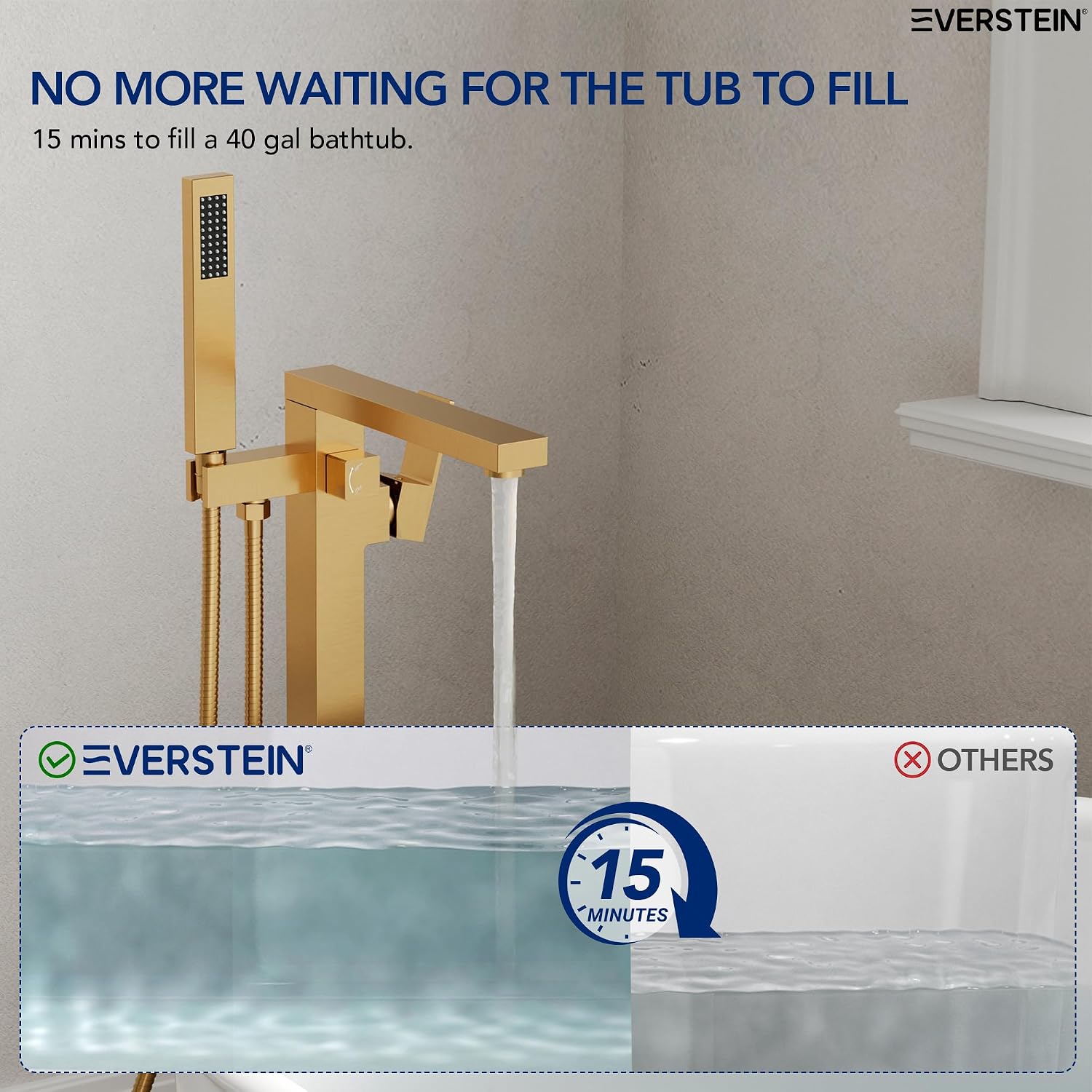 Freestanding Bathtub Faucet with Hand Held Shower, Floor Mount Tub Filler, Brass Bath Tub Faucet, Valve Included，Brushed Gold