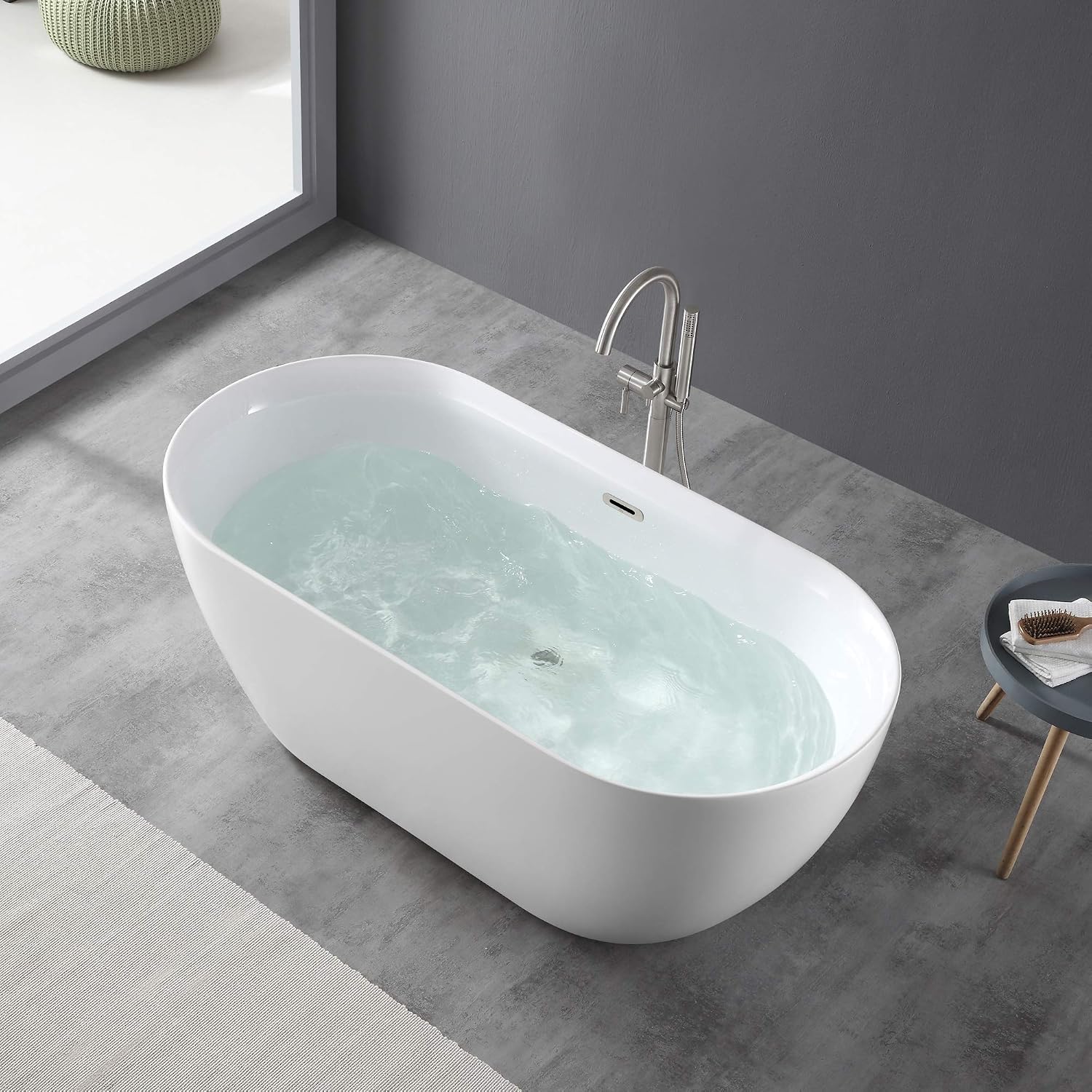 OVE Decors Ayago 59 in. Solid Surface Freestanding White Acrylic Soaking Bathtub, with Overflow and Satin Nickel Pop-up Drain