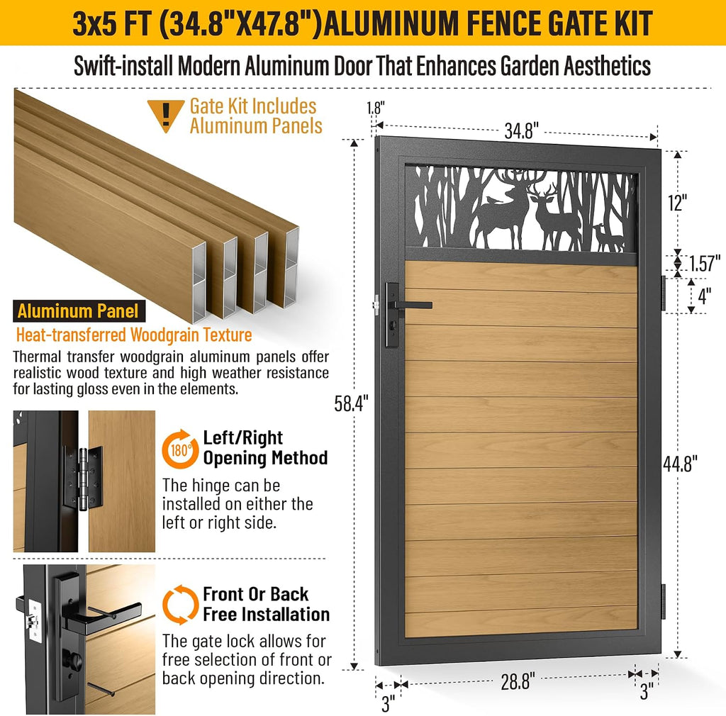 3x5 FT Aluminum Fence Gate Kit Wood Grain Aluminum Gate with Decorative Cutout, Lock & Hinges, Left/Right Opening, Weather Resistant for Yard Garden Patio
