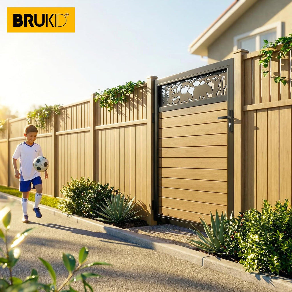 4x5 FT Aluminum Fence Gate Kit Wood Grain Aluminum Gate with Decorative Cutout, Lock & Hinges, Left/Right Opening, Weather Resistant for Yard Garden Patio