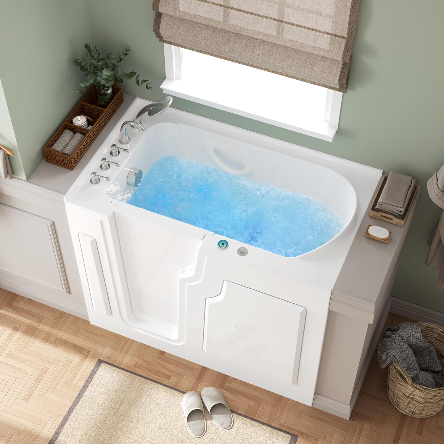 FerdY Floridian 55' x 33' Walk-in Whirlpool Bathtub with 16 Air Water SPA Jets and Left-Side Door Opening and Quick Fill and Drain System, Rectangular Soaking Jetted Bath Tub in White with LED Lights