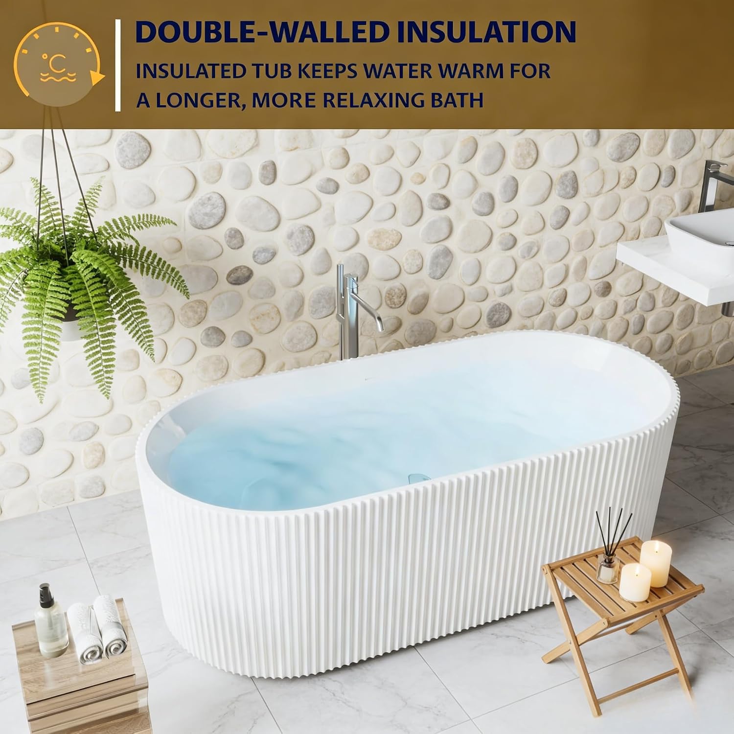 59' Acrylic Freestanding Bathtub, Free Standing Soaking Tub, Freestanding Tub with Overflow and Matte Silver Drain, Modern Bathtub for Bathroom, Hotel, Easy to Install, CUPC Certified, White, Harp