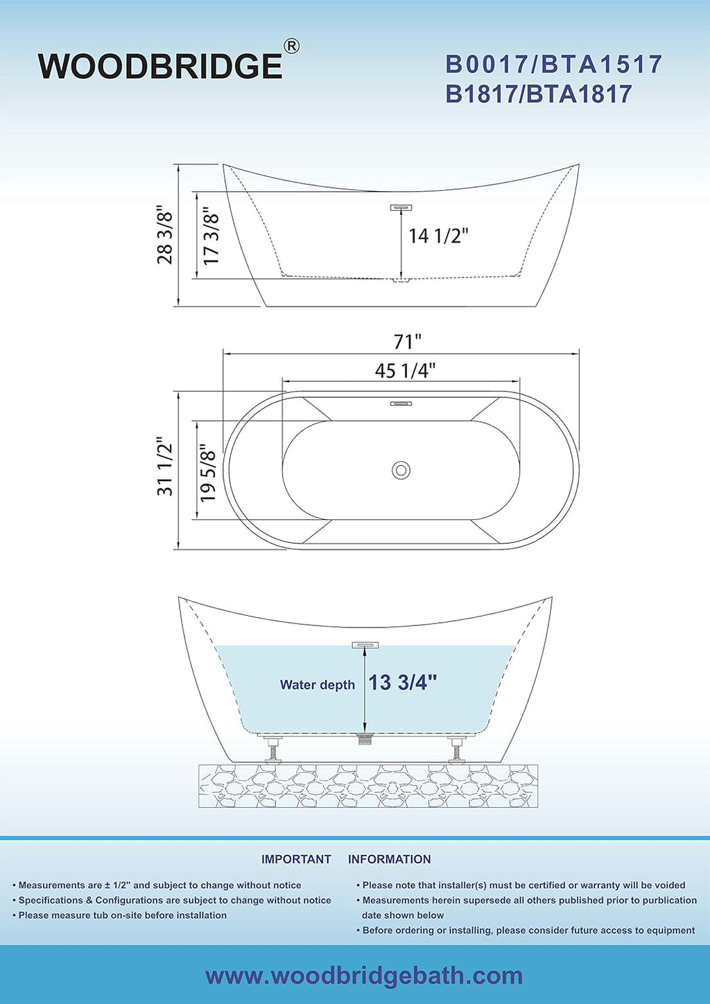 WOODBRIDGE 71'Freestanding White Acylic Soaking Bathtub with Brushed Nickel Drain and Overflow,BTA1517 -B/N-Drain &O