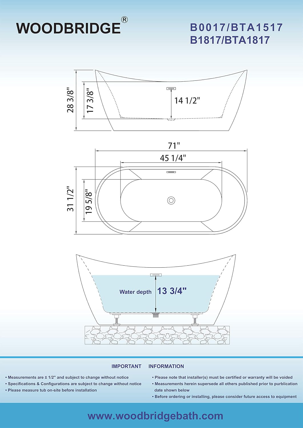 WOODBRIDGE 71'Freestanding White Acylic Soaking Bathtub with Brushed Nickel Drain and Overflow,BTA1517 -B/N-Drain &O