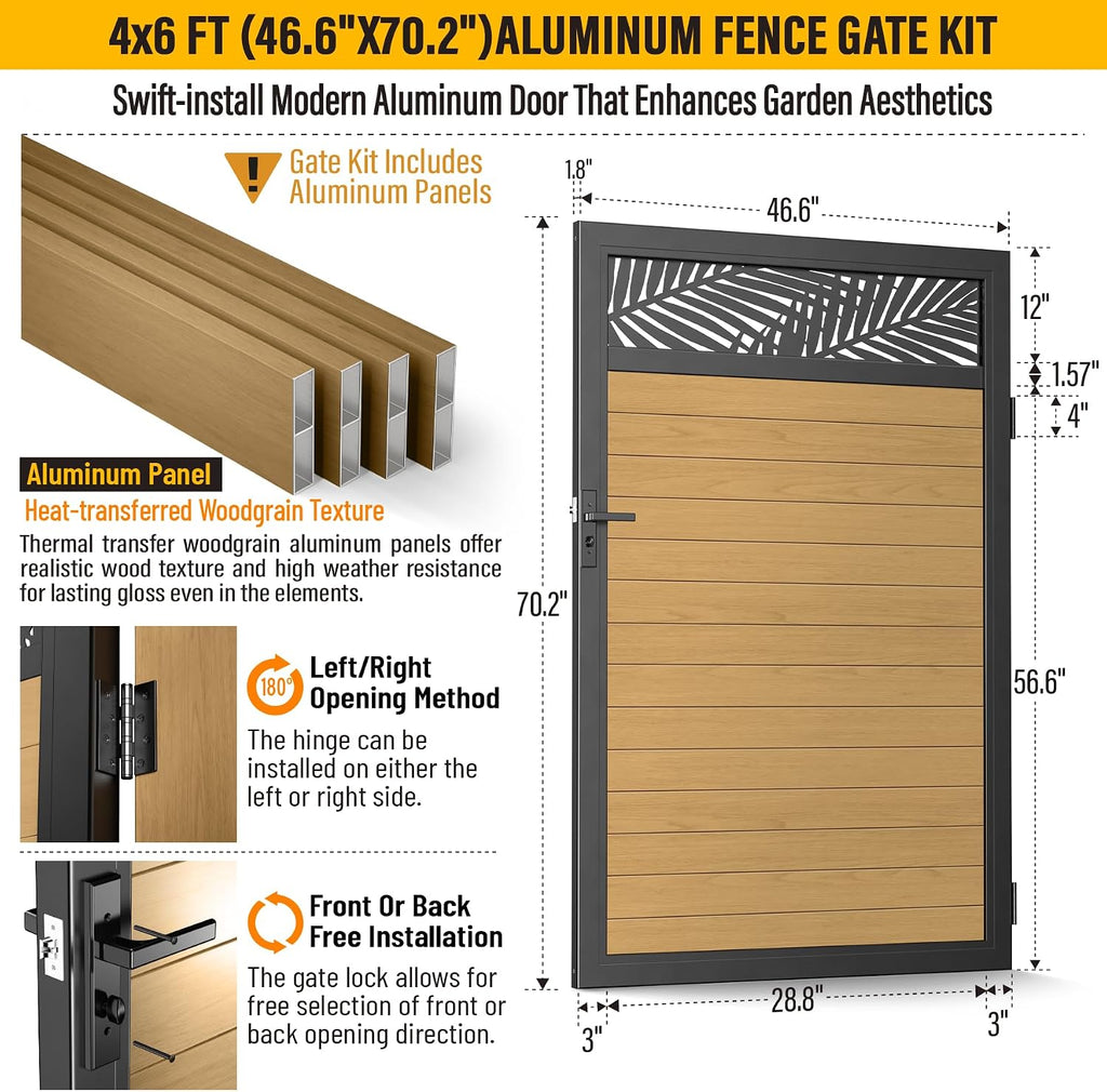 4x6 FT Aluminum Fence Gate Kit Wood Grain Aluminum Gate with Decorative Cutout, Lock & Hinges, Left/Right Opening, Weather Resistant for Yard Garden Patio
