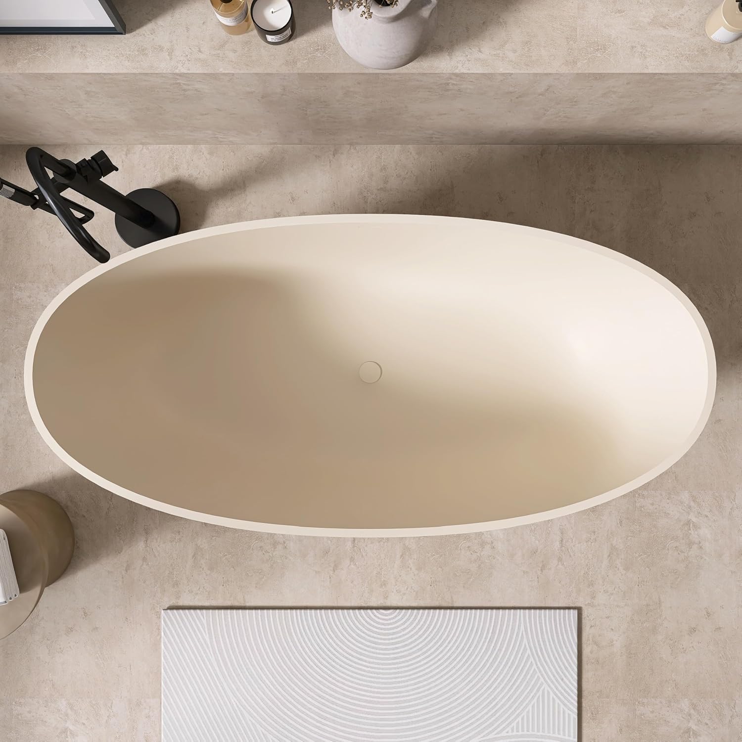65' Freestanding Bathtub Tubs Resin Stone, Solid Surface Free Standing Tub, Oval Sorker Tub Bathtubs with Overflow and Pop up Drain, Latte Color303-165