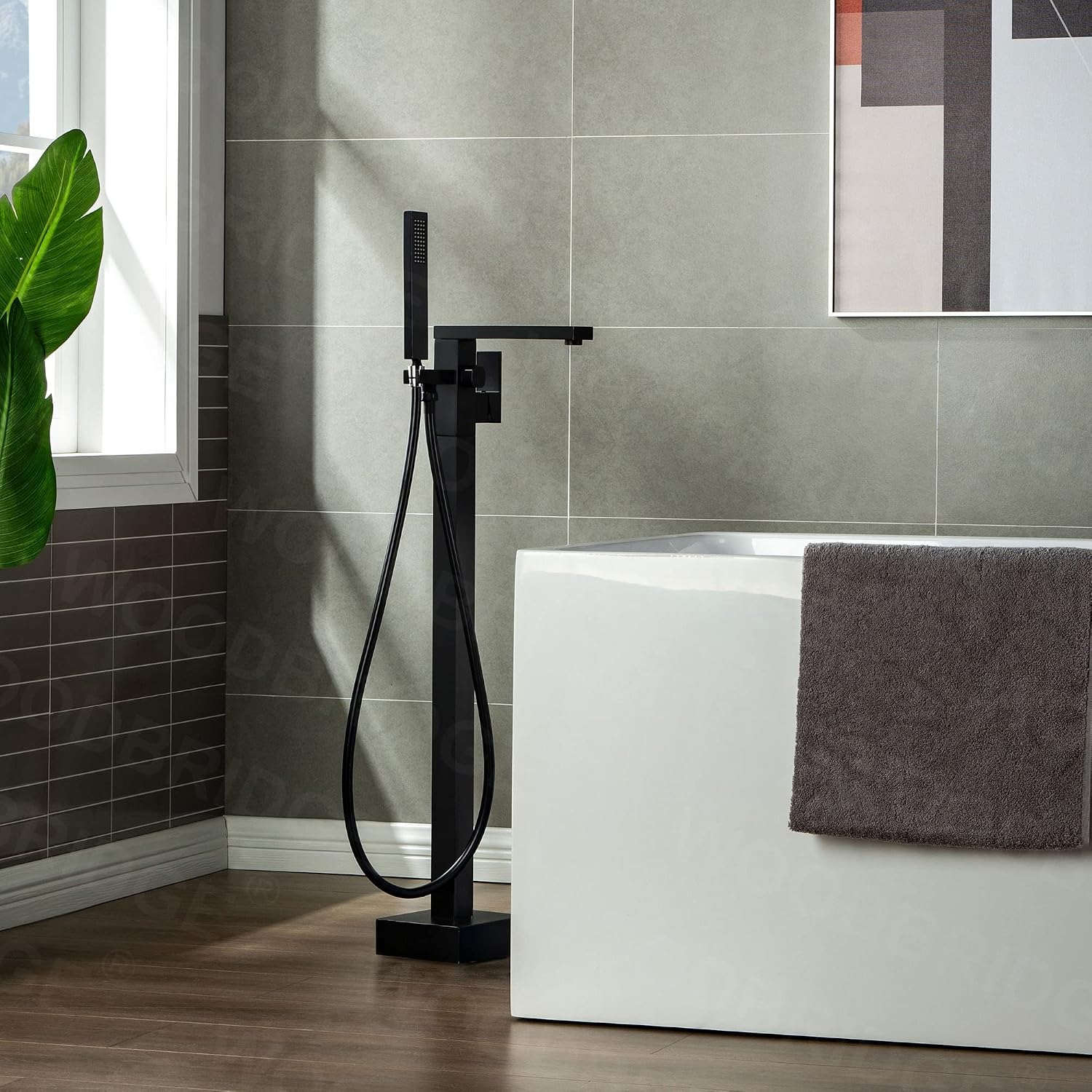 WOODBRIDGE F0009BL Contemporary Single Handle Floor Mount Freestanding Tub Filler Faucet with Hand shower in Matte Black Finish